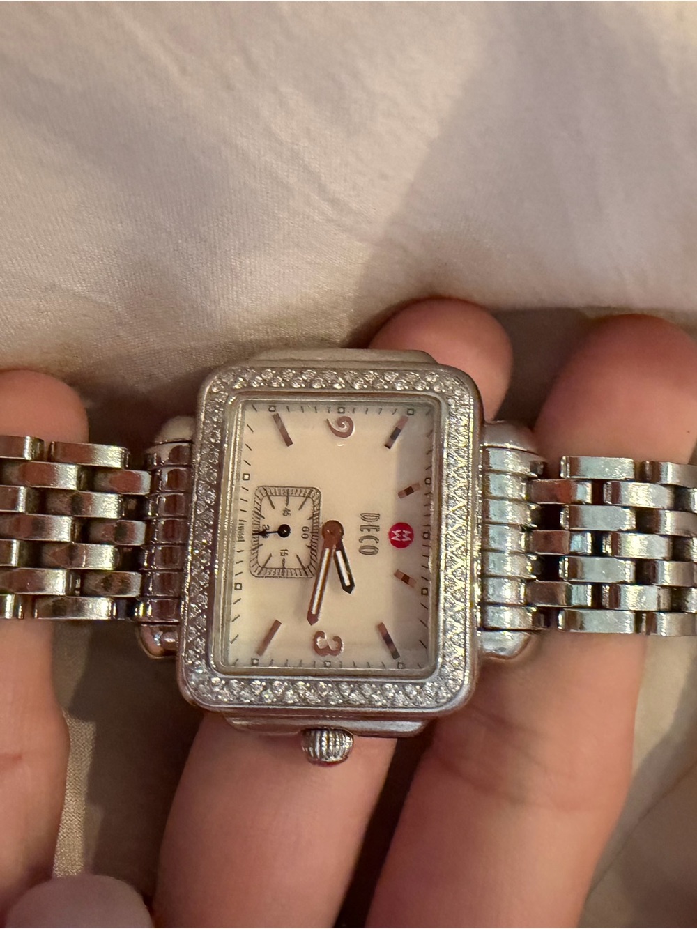 Michele Silver Crystal-Accent Deco Square Watch with White Dial